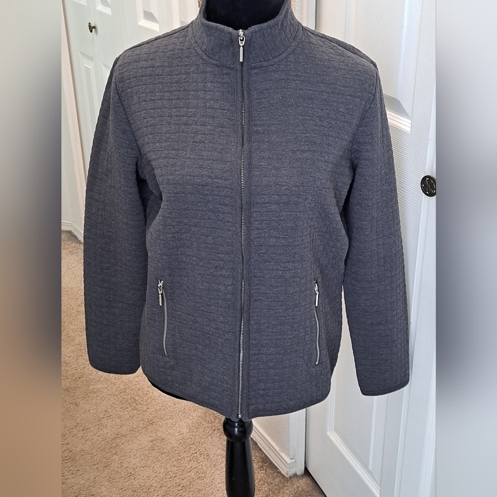 Karen Scott Grey Waffle Knit Zip Up Jacket. Size S